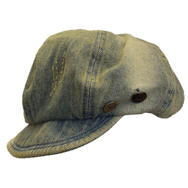 British Style Retro Washed Old Button Beret Women's Spring and Summer Literature and Art Big Head Circumference Showing Face Small Denim Octagonal Hat