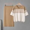 Womens Knit Stripe V-Neck Short Sleeve Top Midi Skirt Set Casual Outfit