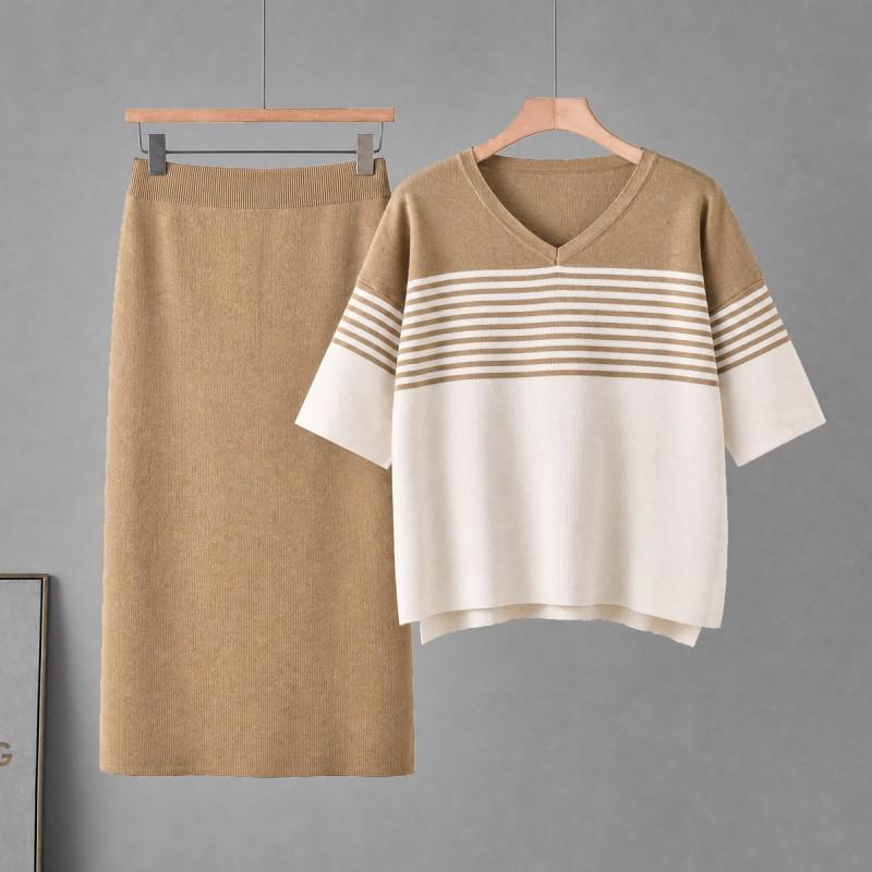 Womens Knit Stripe V-Neck Short Sleeve Top Midi Skirt Set Casual Outfit