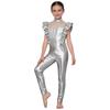 Girls Metallic Gloss Alien Cosplay Jumpsuit Ruffled Flying Sleeve Patchwork Back Invisible Zipper Leotard