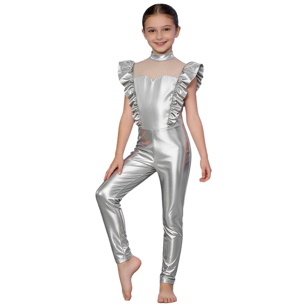 Girls Metallic Gloss Alien Cosplay Jumpsuit Ruffled Flying Sleeve Patchwork Back Invisible Zipper Leotard