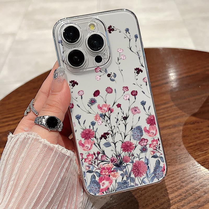 For iPhone 15 Pro Max 14 13 Pro 12 11 Phone Cover Beautiful Floral Pattern Clear Shockproof Slim PC Hard Case