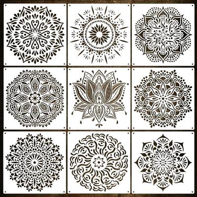 9 Adet/set, Orijinal Şablonlar, Mandala Temalı Boyama Şablonları, Kendin Yap Ev Dekorasyonu Şablonları, Suyla Yıkanabilen Oyuk Boyama Aletleri