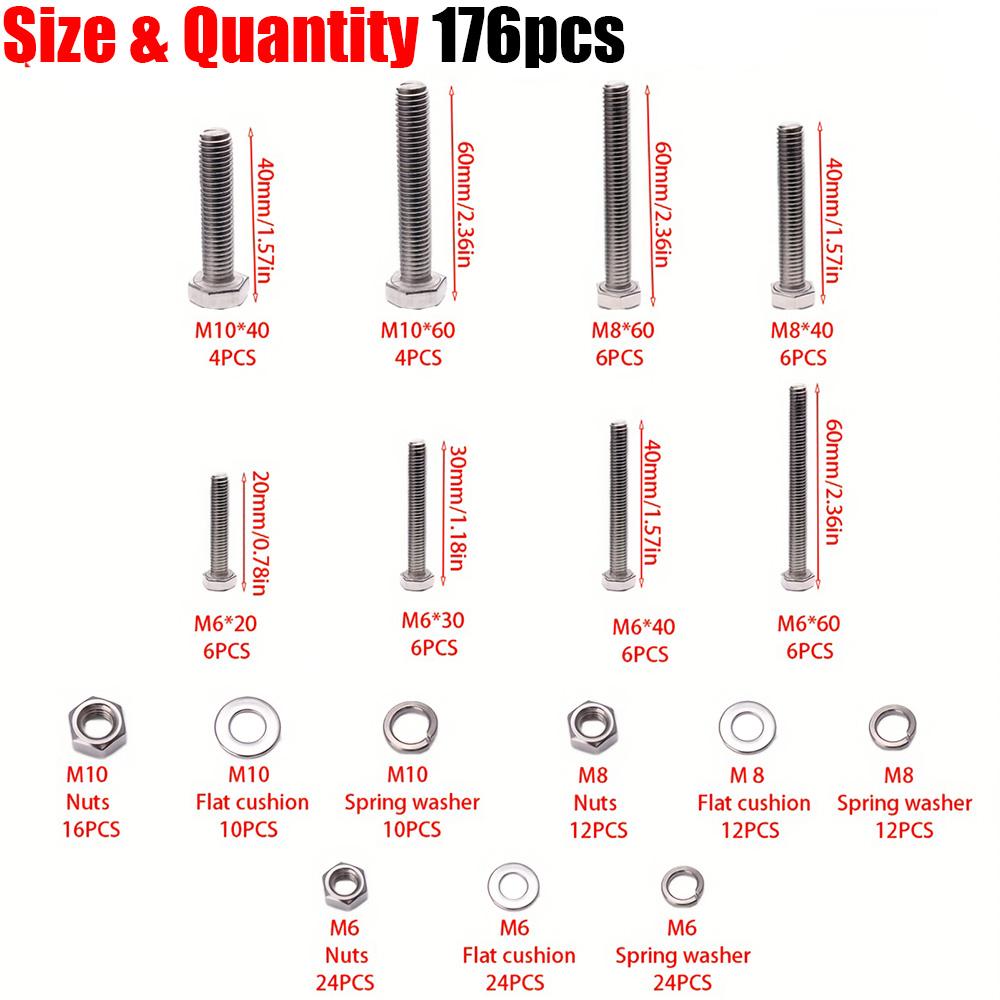 176-piece stainless steel heavy-duty hex bolt and nut kit, M6/M8/M10, fully threaded, for household and machinery use.