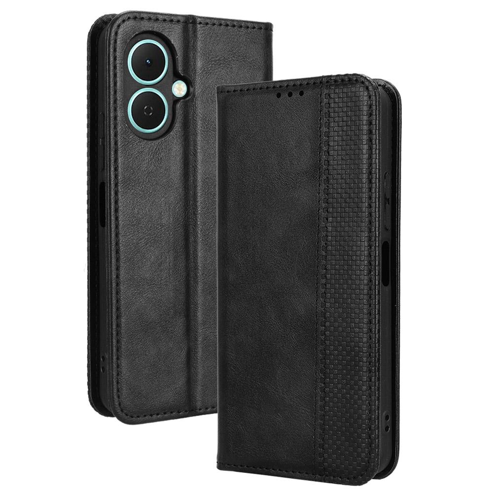 

For TECNO Spark Go 2 4G/KM4 Leather Case Wallet Stand Retro Texture Phone Cover Black