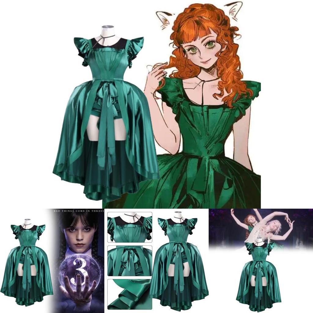 Wednesday Agnes Demille Green Cosplay Dress With Polyester Fabric For Teen And Adult Costumes