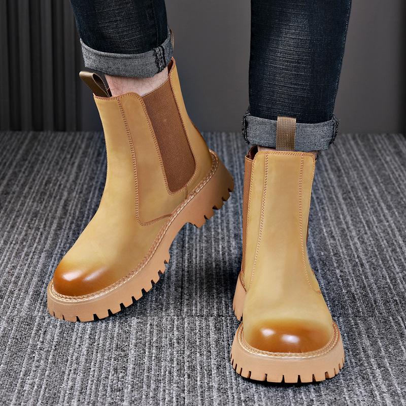 Men's High-Top Genuine Leather Martin Boots - Yellow, Thick Sole, Lightweight, Elastic Slip-On, Warm, Casual Work Boots for Autumn and Winter.