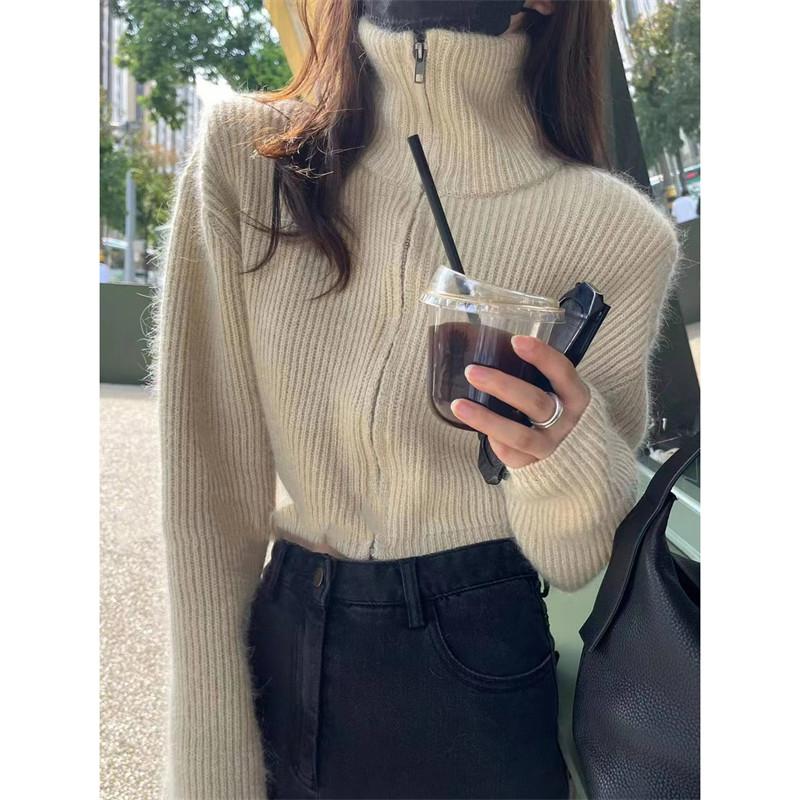 Elegant Fashion Turtleneck Cardigan Short Sweater Women Loose Autumn Winter New Versatile Zipper Long Sleeved Sweater Jacket Casual Simple Office Tops