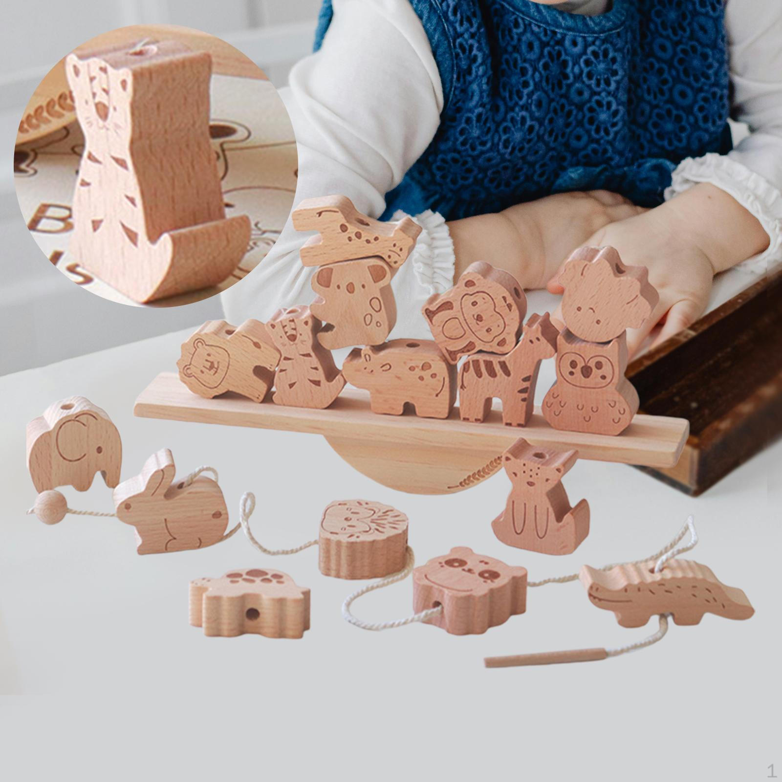 Wooden Animal Blocks Stacking Toy,Balance Game Motor Skills Stringing Party Favors Lacing Beads Toy