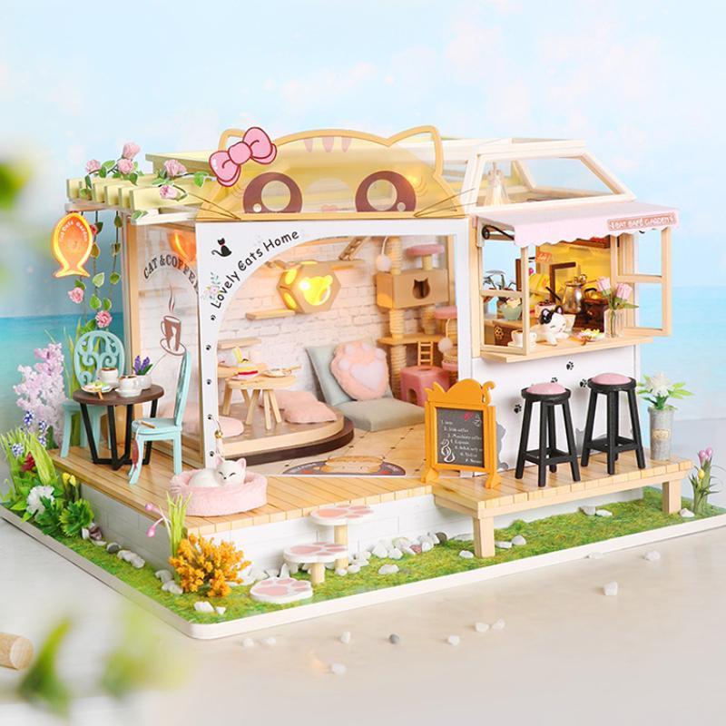 Lovely Cats Home Cat Cafe Store Dollhouse Wooden Diy Handmade Toys Hut 3D Assembled Puzzle Cat Cafe Small Garden Birthday Gifts for Children