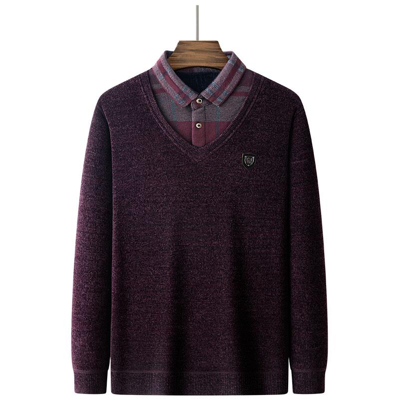 Dad's Winter Warm Chenille Knitwear: Men's Fleece-Lined Two-Piece Sweater with Thick Shirt Collar for Autumn/Winter.