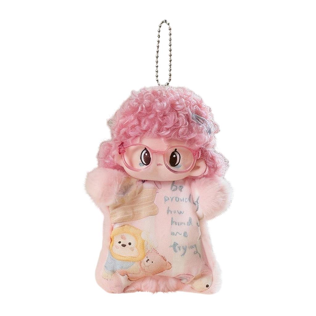 Plush Keychain Doll Soft Curly Hair Stuffed Toy with Printed Outfit and Glasses for Bag Decoration or Collectible Accessory
