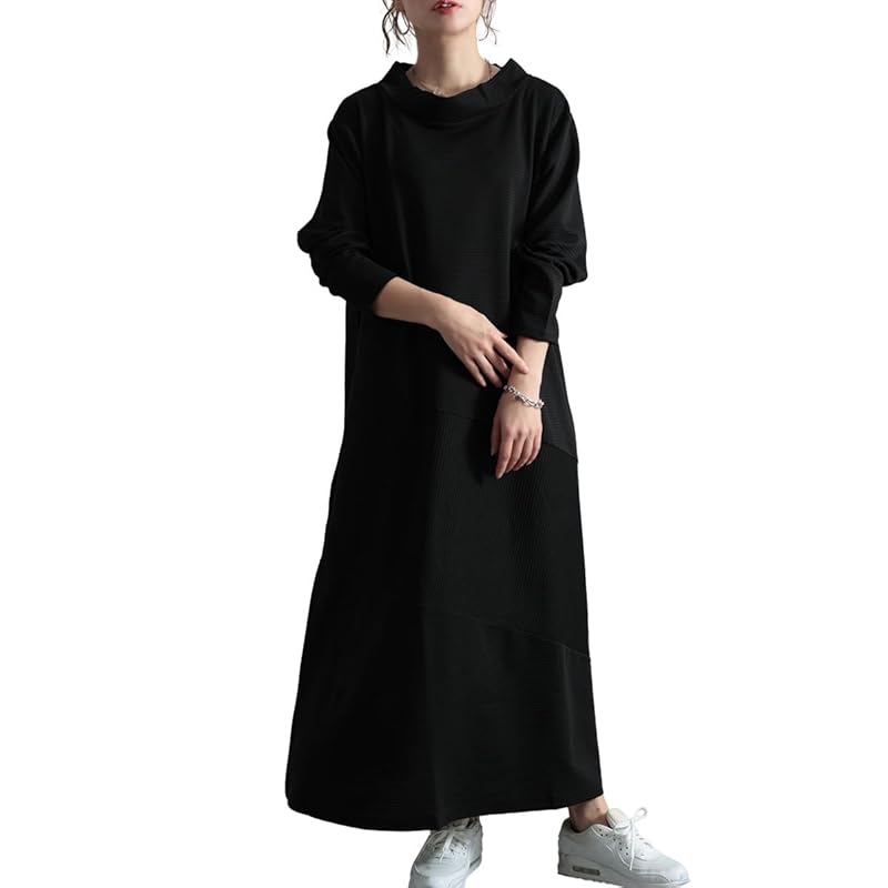 

[Gold Japan] large size ladies one piece long long sleeve high neck rib flare stretch winter coordination autumn winter spring maru-30095 3L black