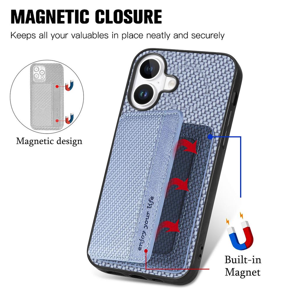 C1-02 For iPhone 16 Case RFID Blocking Card Holder Carbon Fiber Leather+PC+TPU Phone Cover