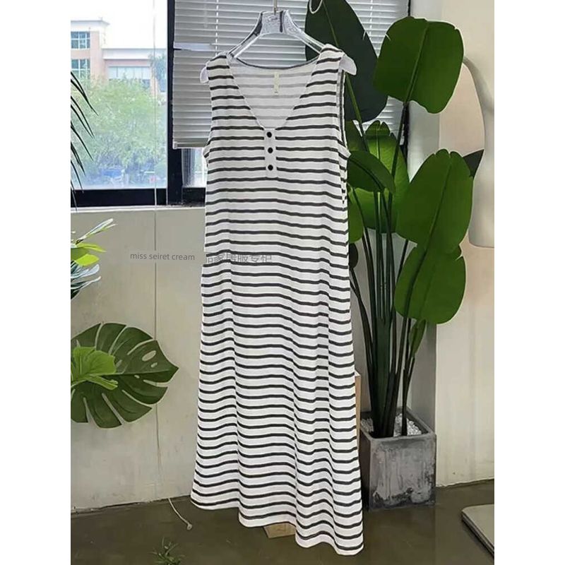 

Italian Accessible Luxury ~ Aibo Jie Tank Top Nightdress Women s Chest Pad Cut Out Breathable Soft Drape Dress Homewear Italian ABJ Stripes nightgown L(55.00kg)