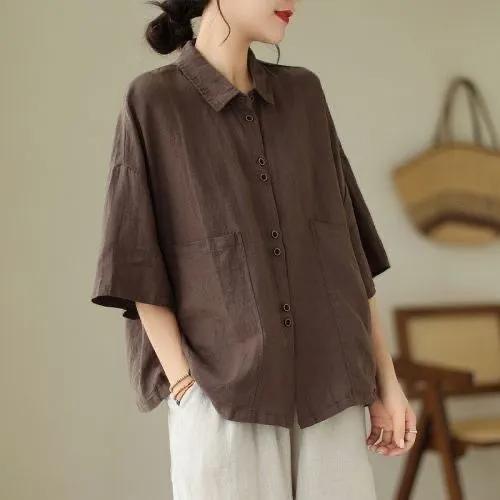 Women's Summer Vintage Washed Mid Sleeve Lapel Shirt Casual Loose Pocket Top