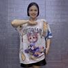 Women's Summer Cartoon Plus Size Two-Piece: Loose Knit Crew Neck Cutout Ice Silk Top & Hot Drilling Fashion Tee