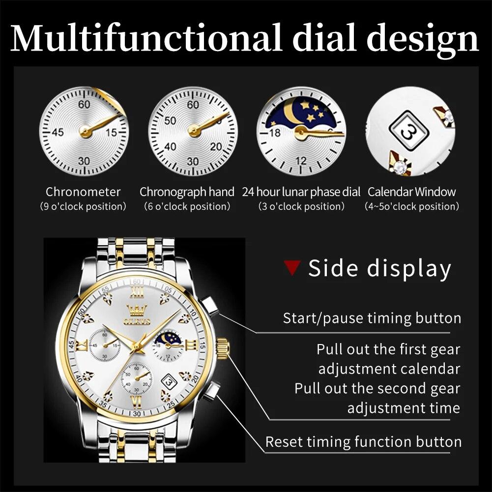 OLEVS 2858 New Moon Phase Quartz Watch for Men Stainless Steel Waterproof Anti-Scratch Luminous Chronograph Mens Wristwatch