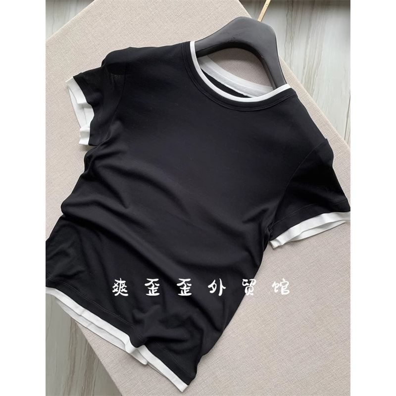 

Awesome X Goods Burst! The Fabric of Row Is Awesome, It Comes with Cool Cotton! Fake Two Pieces Short Sleeve T-shirt for Women Black S