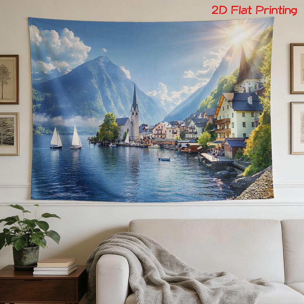 Luxury Large Wall Tapestry Canvas Print Alpine Mountain Lake European Scenery Landscape Art Decor for Living Room Bedroom
