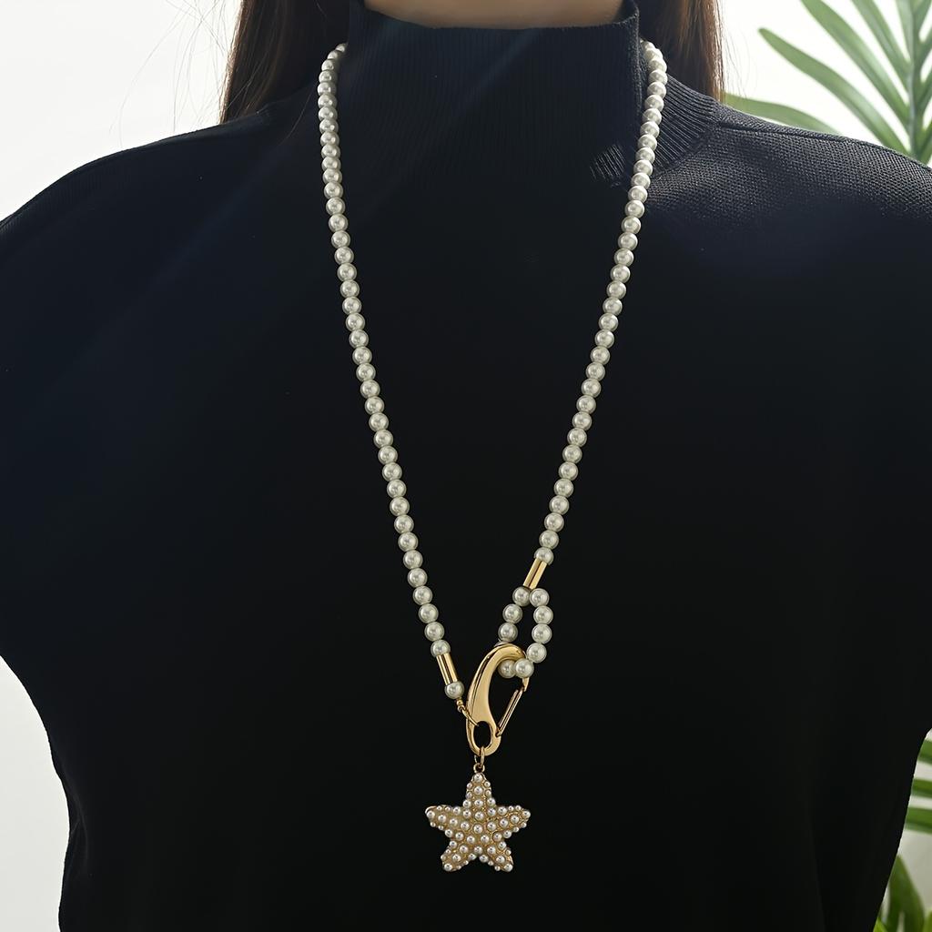 1pc Faux Pearl Bead Chain Star Pendant Long Necklace, Baroque Style Sweater Chain For Women, New Year And Valentine's Day Gifts For Daily Wear