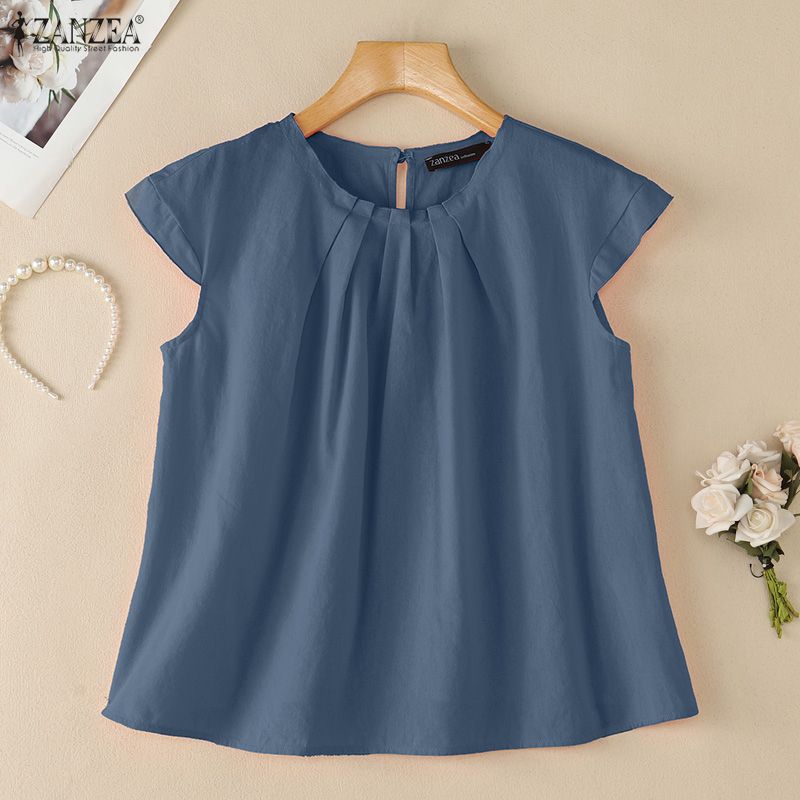ZANZEA Women Casual Round Neck Solid Color Short Sleeve Cotton Blouse