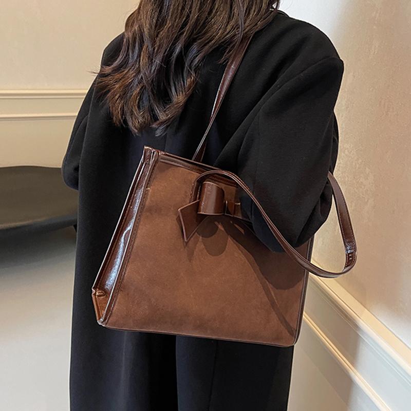 Luxury Red Bridal Tote Bag Retro PU Suede Splicing One Shoulder Bags Autumn Winter Women Sweet Bow Large Capacity Handbags