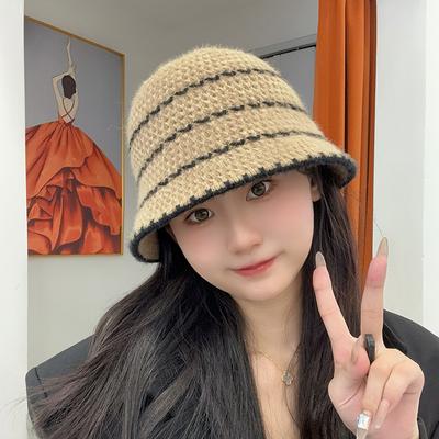 Korean Version of Ins Autumn and Winter Knitted Fisherman Hat Retro Striped Braided Hat Women's All Match Face Showing Small Bucket Hat Basin Hat