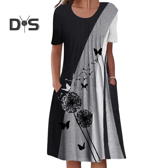

Женское повседневное платье-футболка, летнее платье-трапеция с коротким рукавом, плиссированное платье миди с цветочным принтом, круглым вырезом и карманом M чёрный