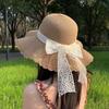 Straw Hat With French Lace Bow And Wave Edge For Beach Sun Protection