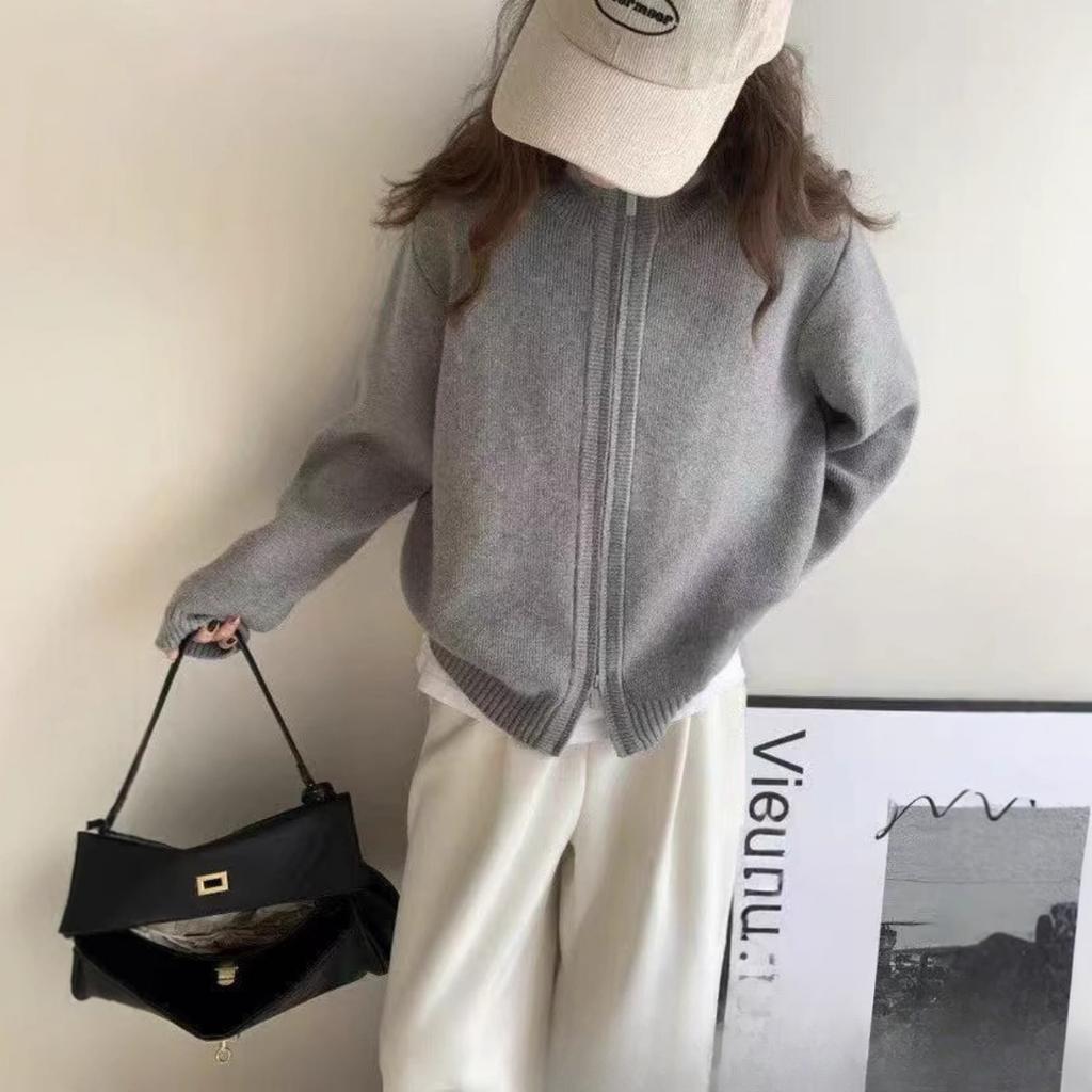 Loose Fit, Sweater, Coat, Women's, Double Zipper, Stand Up Collar, Knit, Cardigan