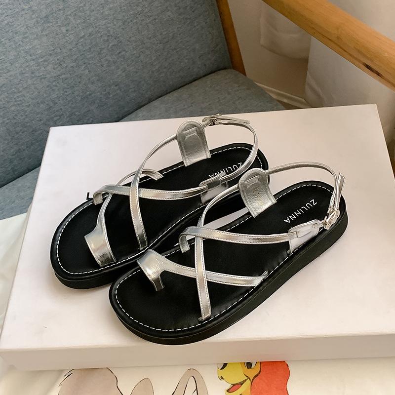 

Grape mother same casual versatile cross-strap toe soft sole not tired feet versatile flat Roman sandals women s summer 35 серебряный