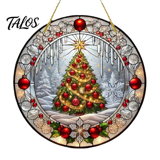 Clear Acrylic Holiday Wall Art Stained Glass Style Window Hanging, Christmas Tree Snow Scene Transparent Hanging Ornaments Suncatcher, Door Home Decor
