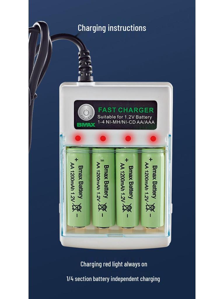 4-Slot AA/AAA Ni-MH/Ni-Cd Battery Charger with Independent 1.2V Charging Base and Flat AC Plug