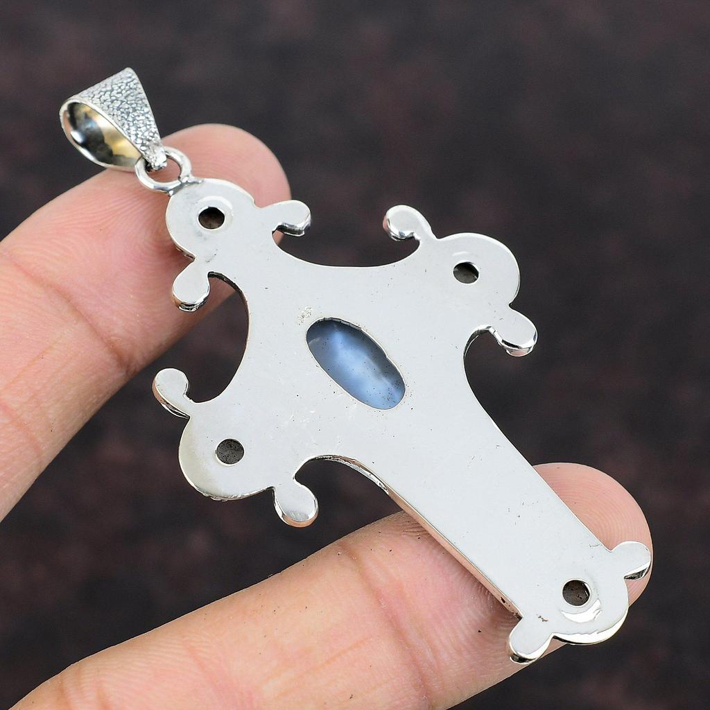 Ciondolo in argento e titanio Druzy Ciondolo a croce Ciondolo in argento sterling 925 Ciondolo in pietra di luna arcobaleno Regalo di anniversario Gioielli con pietre preziose fatti a mano