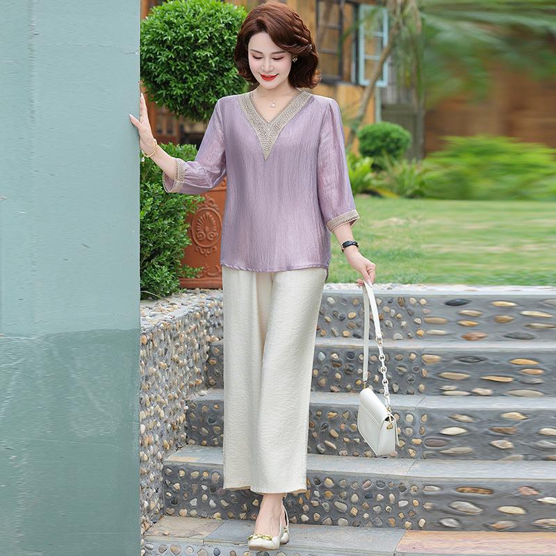 

Elegant Cotton Linen Summer Outfit: Three-Quarter Sleeve Top & Casual Two-Piece Set for Middle-Aged & Elderly Women - 2026 Fashion Style 2XL (95-115 jin)