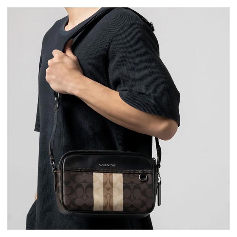 COACH crossbody bag Graham 25 classic presbyopic vertical stripes color matching zipper closure canvas and cowhide camera shoulder medium size men's