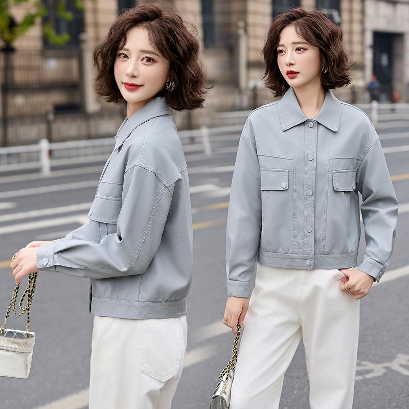 Short leather jacket women's spring and autumn new small temperament casual versatile lapel leather jacket