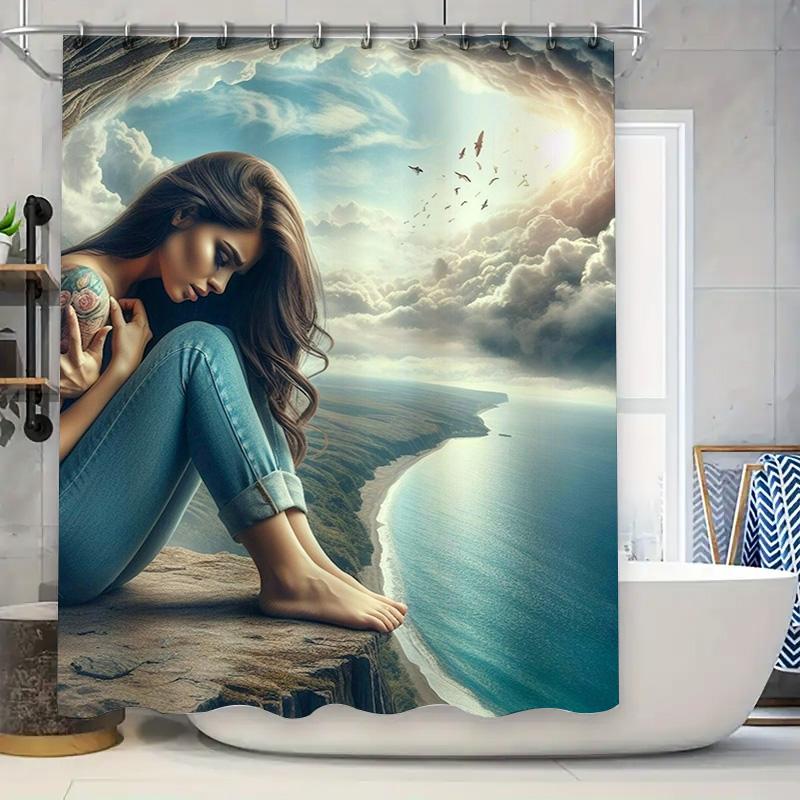 Dreamy Woman On Cliffside Shower Curtain - Waterproof, Mildew-Resistant, Machine Washable For Serene Bathroom Decor