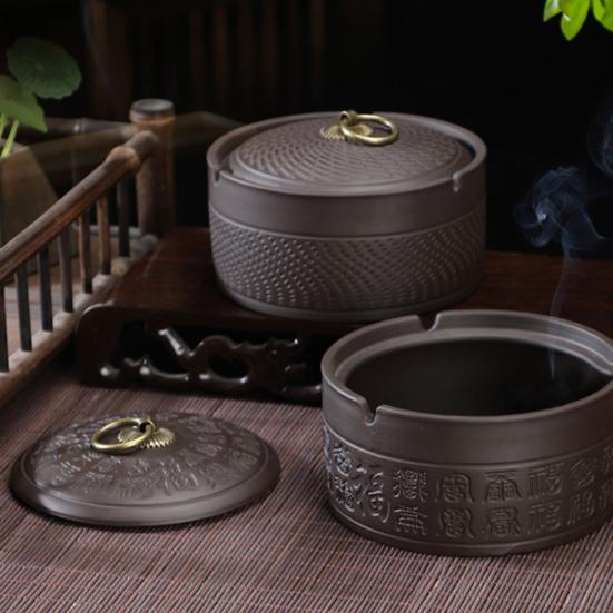 Ceramic Ashtray with Lid Retro Chinese Style Windproof Heat-resistant Ash Holder Portable Travel Home Office Outdoor Ash Storage Tray