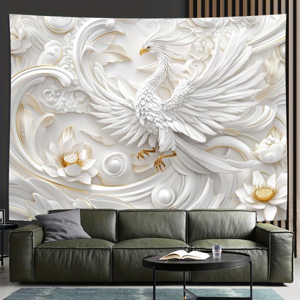 Glam Style 3D White Phoenix Wall Tapestry Living Room Bedroom Office Multi-functional Decoration for Party-Ideal Creative Gift