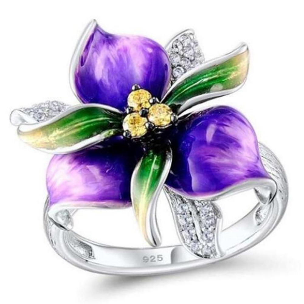 Milangirl Mehrfarbig Lila Blume Wassertropfen Kristall Zirkon Ringe für Damen Weiblich Hochzeit Verlobung Braut Bankett Zirkon