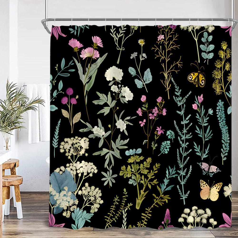 Boho Floral Vintage Shower Curtain Home Decor for Retro Bohemian Flower Herb Plant Bathroom Polyester Bath Curtain with Hook
