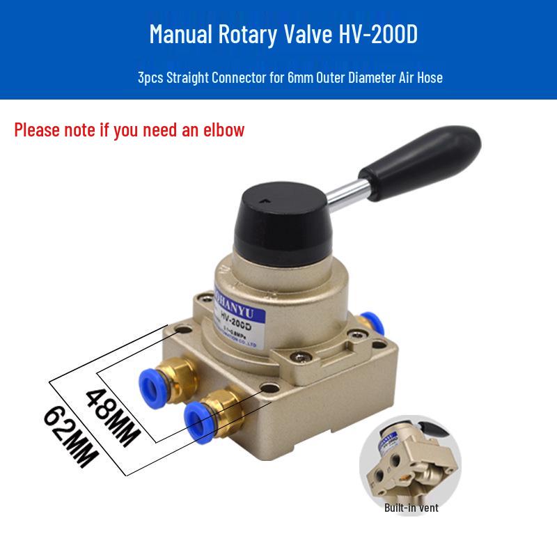Pneumatický ručně ovládaný ventil HV-200D: Směrový pneumatický ovládací pákový ventil s dvěma vstupy a dvěma výstupy.