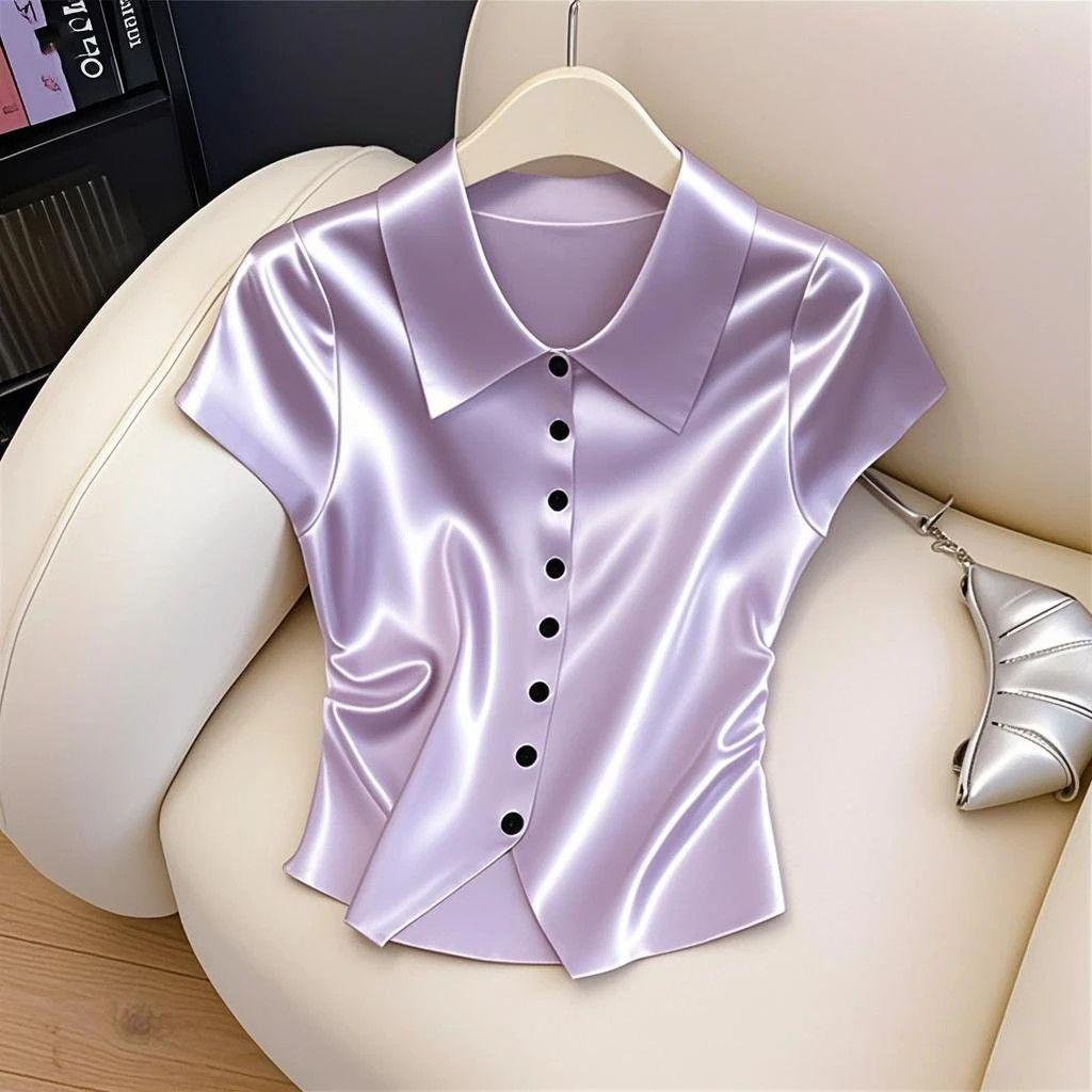 Summer Fashion Temperament Buttons Solid Color Shirts Ladies Fashion Turn-down Collar Short Sleeve Blouse Women Clothes