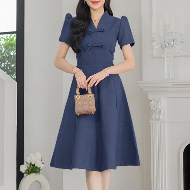ZANZEA Women Elegant Casual V-Neck Short Sleeve A-line Dress