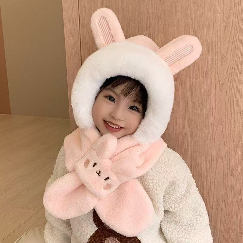 Children's plush hat scarf integrated hat season boys ear hat girls baby cute cartoon two-piece set
