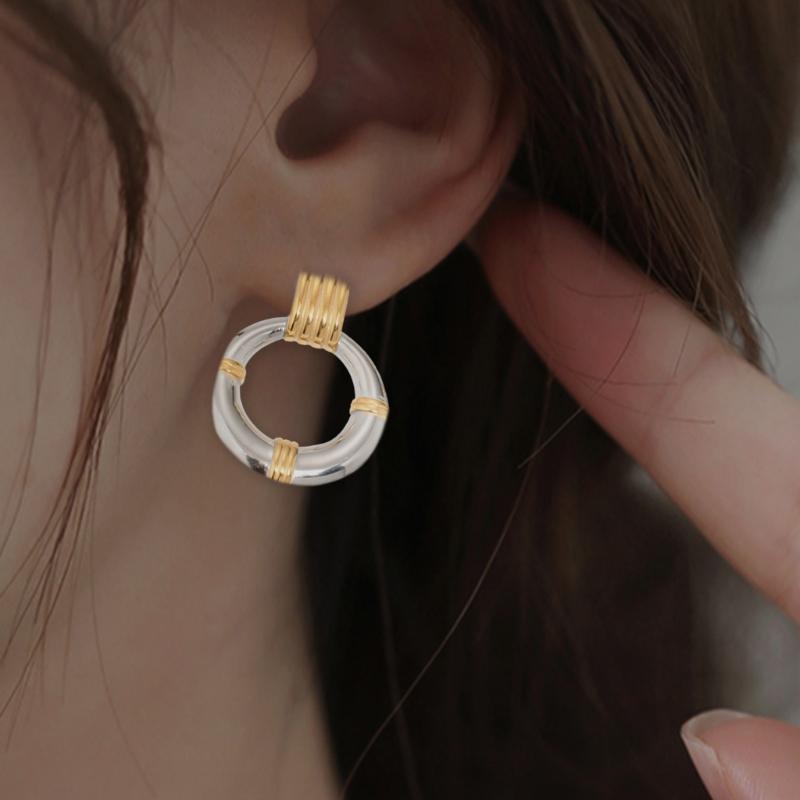 Stilvolle zweifarbige runde Hängeohrringe für Damen Geometrische Vintage-Metall-Designs Ohrhänger für Freizeit- oder Formalkleidung