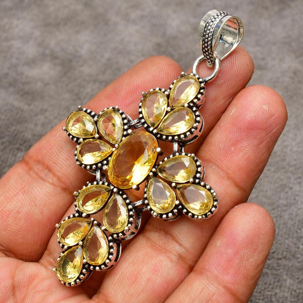Citrine Gemstone Cross Shape Pendant Gemstone : 925 Sterling Silver Handmade Jewelry Pendant
