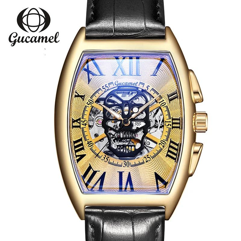 Top brand new wine barrel European and American men's fashion skull hollow automatic mechanical watch men's watch